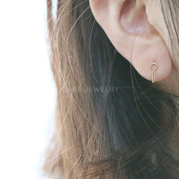 Simple Circles and Bars Drop Earrings, Solid 9 Karat Gold Drop Earrings with Bar, Short 9 Karat Gold Drop Earrings