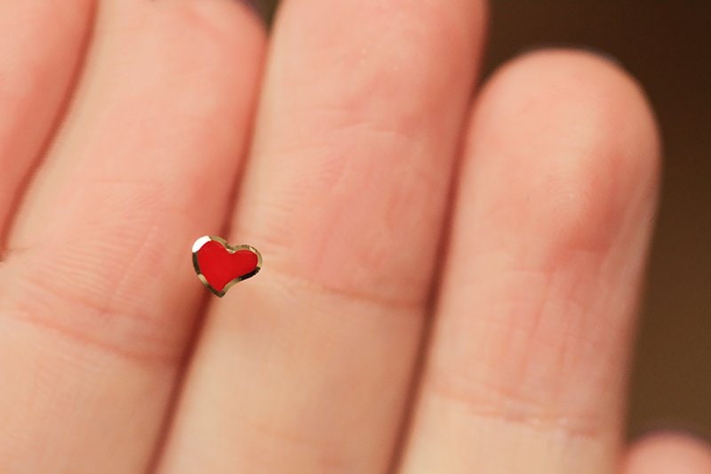 Enamel Mini Heart Earrings, Cute Rockabilly or Loli Style Studs, 14k Gold Heart Earrings, Red or Black Post Earrings, Dating Anniversary