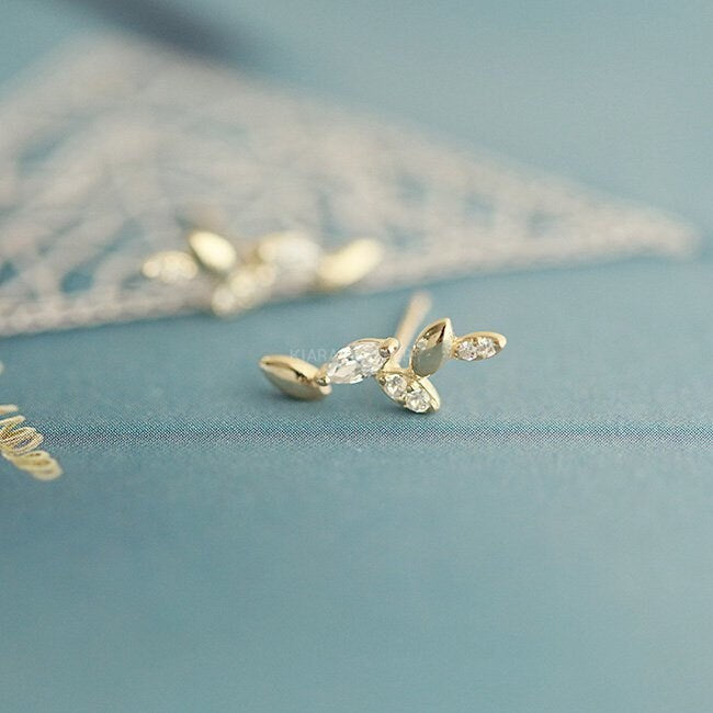 Botanical Leaf Stud Earrings, 9 Karat Gold, Diamond Stud Climbers, Formal Earrings, Dainty Diamond Crawler Earrings, Olive Leaf Earrings