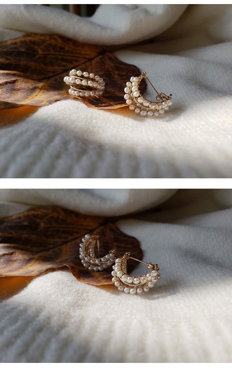 Retro Pearl Earrings, Mini Pearl and Gold Earrings for Women, Mini Hoops, Hoop Earrings, 14KGF Retro Earrings for Girls, 14K Gold Filled