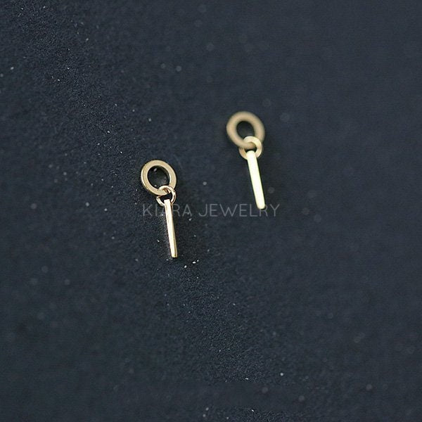 Simple Circles and Bars Drop Earrings, Solid 9 Karat Gold Drop Earrings with Bar, Short 9 Karat Gold Drop Earrings