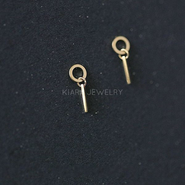Simple Circles and Bars Drop Earrings, Solid 9 Karat Gold Drop Earrings with Bar, Short 9 Karat Gold Drop Earrings