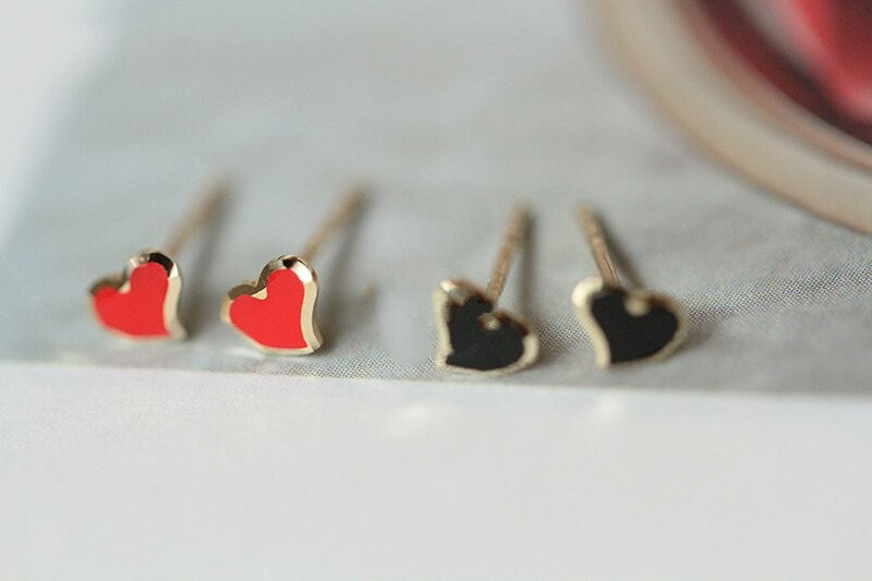 Enamel Mini Heart Earrings, Cute Rockabilly or Loli Style Studs, 14k Gold Heart Earrings, Red or Black Post Earrings, Dating Anniversary