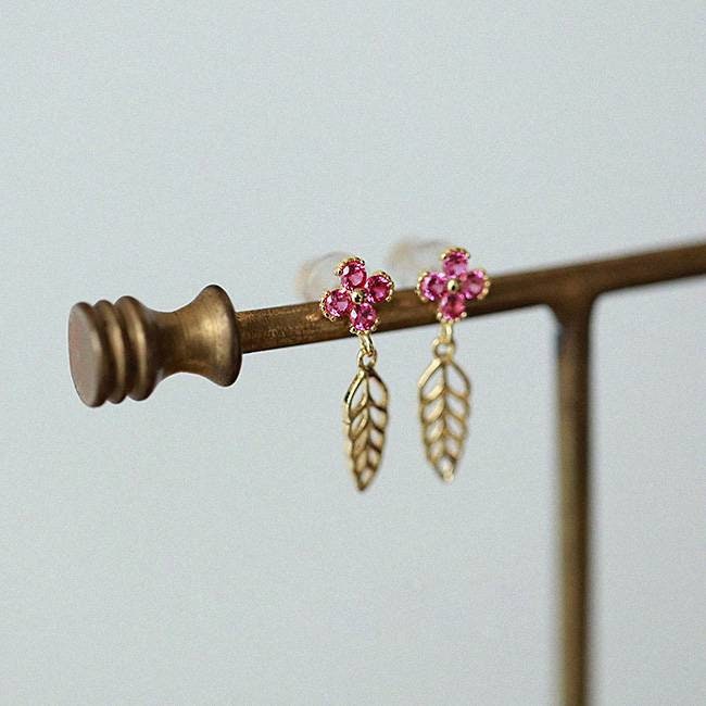 Rose Red Flower Ear Studs, 14k Gold Vermeil 925 Silver, Gold Plated Fine Zirconium Diamond, Four Leaf Clover Earrings, Dangling Ear Jewelry