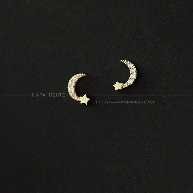 Sailor Moon Gold Earrings, Shooting Star Gold Ear Studs, 9k Gold Studs for Women, Diamond Studs, Diamond Earrings, Moon and Star Studs