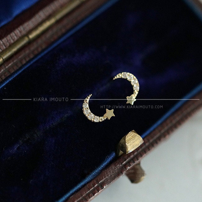 Sailor Moon Gold Earrings, Shooting Star Gold Ear Studs, 9k Gold Studs for Women, Diamond Studs, Diamond Earrings, Moon and Star Studs