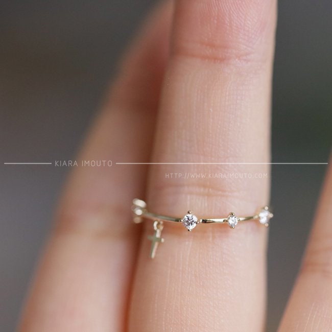Mini Cross Charm Ring with Prong-Set Cubic Zirconias, Modern Promise Ring, Fine Jewelry for Women of Faith, 9k Gold Religious Jewelry