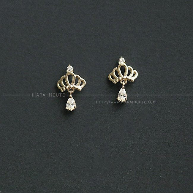 Small Crown Stud Earrings with Zircon, 9 Karat Gold Crown Shaped Stud Earrings with Zircon Drop, Solid 9 Karat Gold and Zircon Earrings