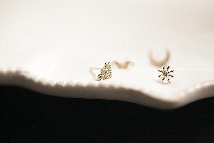 Mismatched Diamond Earrings, Crescent Moon Diamond Stud Earrings, 14k Pure Gold Studs, Gold Sun Earrings, Diamond Encrusted Butterfly Studs