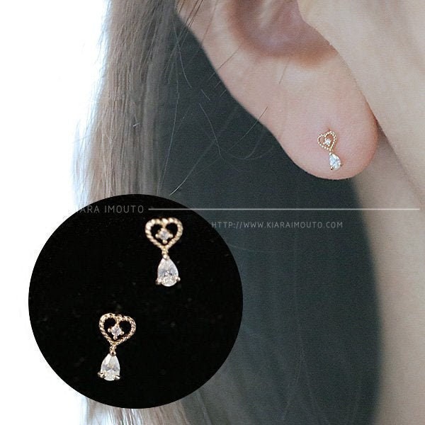 Romantic Mini Earrings, Bleeding Heart Stud Earrings, Multi-Cut CZ Post Earrings, Tiny 14k Gold Jewelry for Her, Vintage-Inspired Gifts