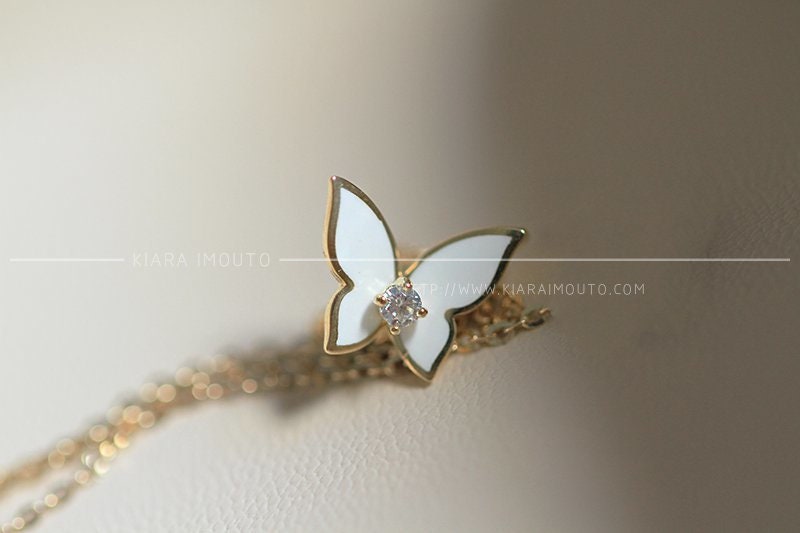 Little White Butterfly Pendant Necklace, Gold Necklace With Small Cz Diamond Pendant, Gold Butterfly Necklace, 9k Gold, Butterfly Accents