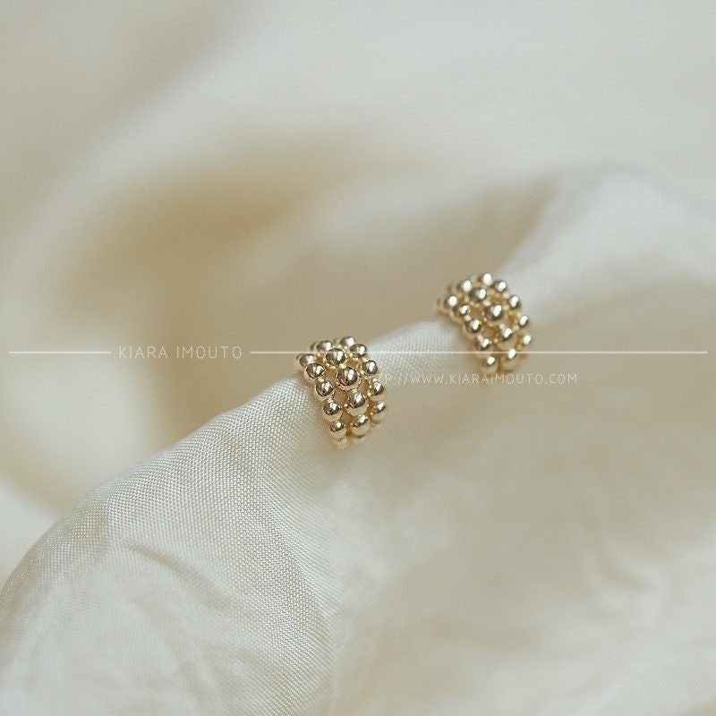 Three Layer Beaded Gold Earrings, 9k Solid Gold Stud Earrings, Mini Gold Peas Hoop Earrings, Cute Earrings, Simple Gold Earrings