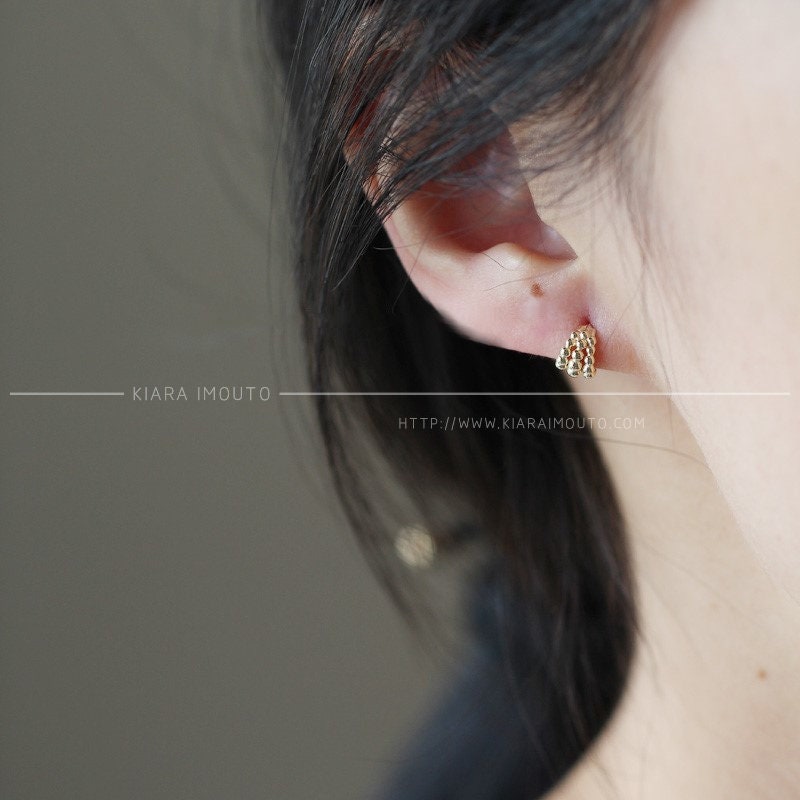 Three Layer Beaded Gold Earrings, 9k Solid Gold Stud Earrings, Mini Gold Peas Hoop Earrings, Cute Earrings, Simple Gold Earrings