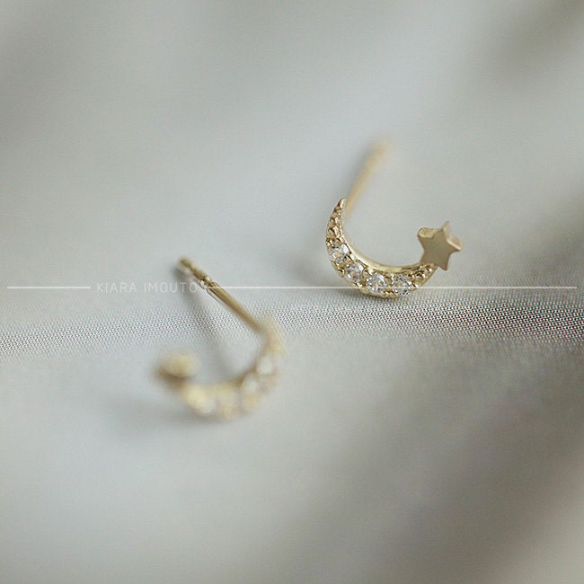 Sailor Moon Gold Earrings, Shooting Star Gold Ear Studs, 9k Gold Studs for Women, Diamond Studs, Diamond Earrings, Moon and Star Studs