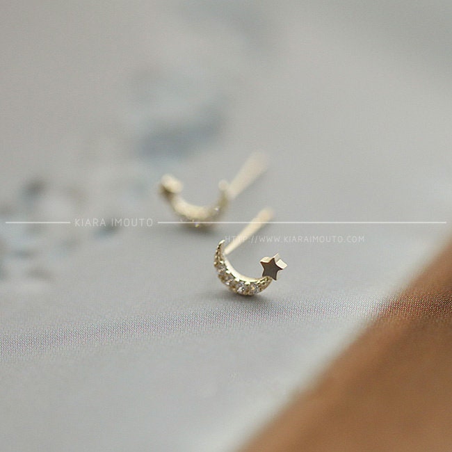 Sailor Moon Gold Earrings, Shooting Star Gold Ear Studs, 9k Gold Studs for Women, Diamond Studs, Diamond Earrings, Moon and Star Studs