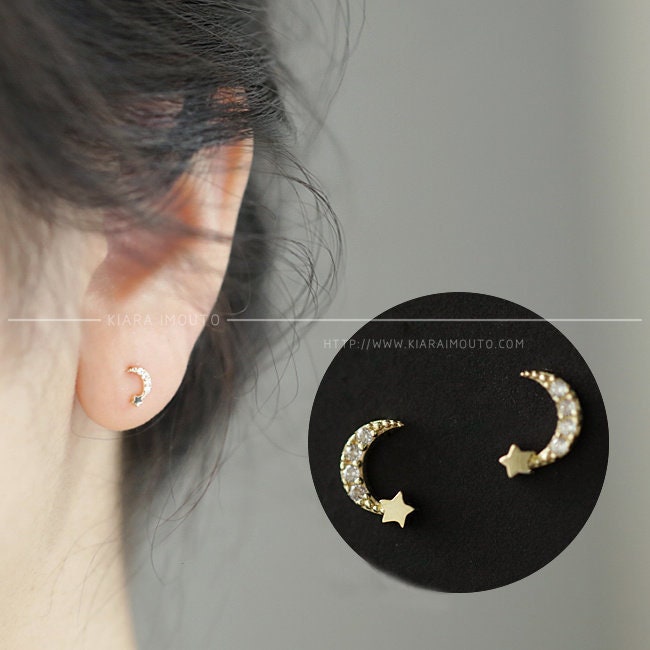 Sailor Moon Gold Earrings, Shooting Star Gold Ear Studs, 9k Gold Studs for Women, Diamond Studs, Diamond Earrings, Moon and Star Studs