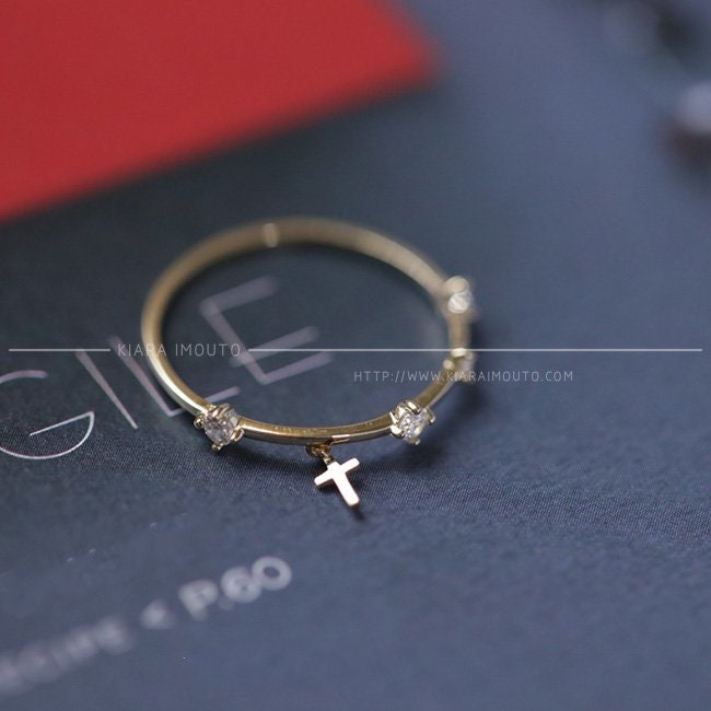 Mini Cross Charm Ring with Prong-Set Cubic Zirconias, Modern Promise Ring, Fine Jewelry for Women of Faith, 9k Gold Religious Jewelry