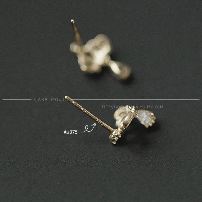 Small Crown Stud Earrings with Zircon, 9 Karat Gold Crown Shaped Stud Earrings with Zircon Drop, Solid 9 Karat Gold and Zircon Earrings