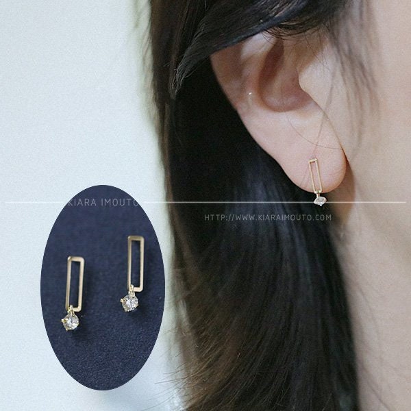 Diamond Encrusted Rectangular Drop Earrings, 9 Karat Gold Drop Earrings with Round Diamonds, 9 Karat Gold Stud Back Earrings