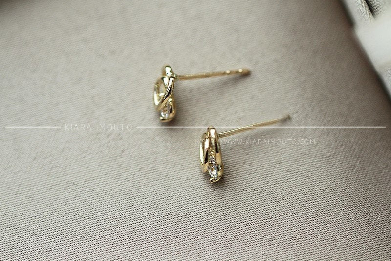 Genuine Gold Abstract Earrings, 9 Karat Gold Romantic Earrings with Diamonds, Small 9 Karat Gold and Diamond Stud Earrings