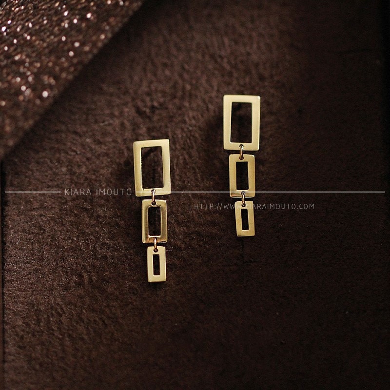 Pure 9k Gold Three Boxes Dangle Earrings, Rectangle Drop Earrings, Super Simple Chic Earrings, Geometry Goddess Earrings