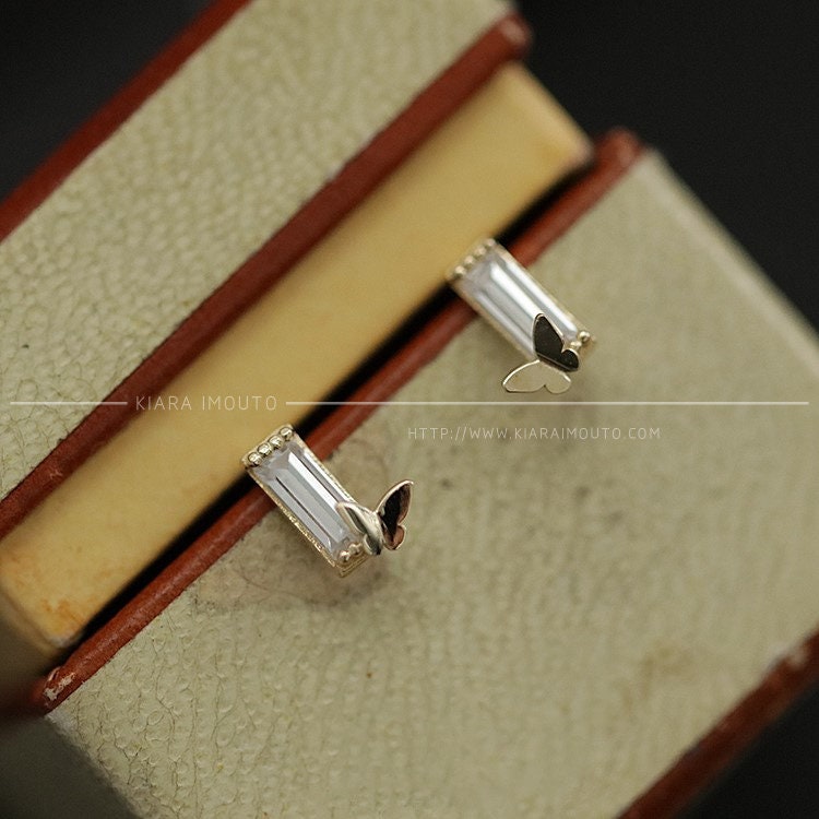 Mini Butterfly Japanese Earrings Small Butterfly 9k Solid Gold Exquisite Zirconium Diamond Rectangle Earrings