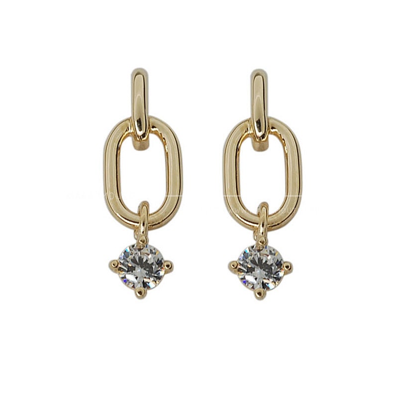 High Quality 5A Cubic Zirconia Dangle Earrings, Geometric Earrings, Pure 9k Yellow Gold, Cz Gold Earrings, Minimalist Earrings