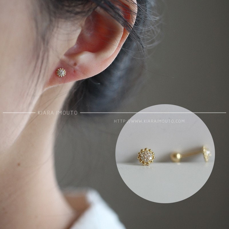 custom small sunflower ear bone nail pure 9K gold small zirconium diamond mini sleeping can wear small flower earrings