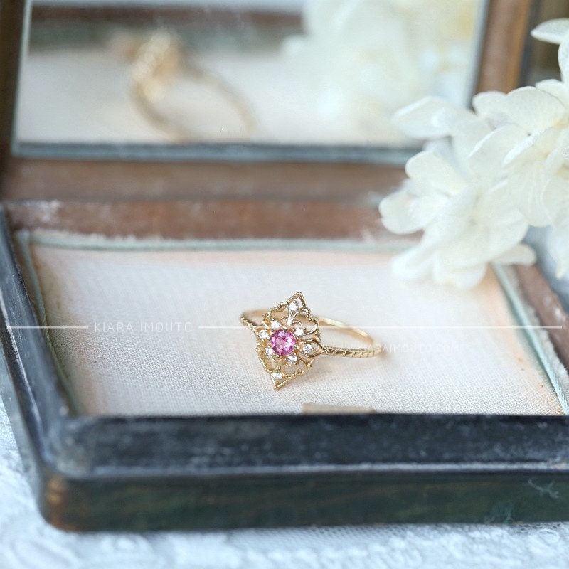 18k Solid Gold Vintage Pink Tourmaline Ring, 18k Real Gold Victorian Pink Gemstone Ring, Customization 9K/14K/18K Vintage Gemstone Rings