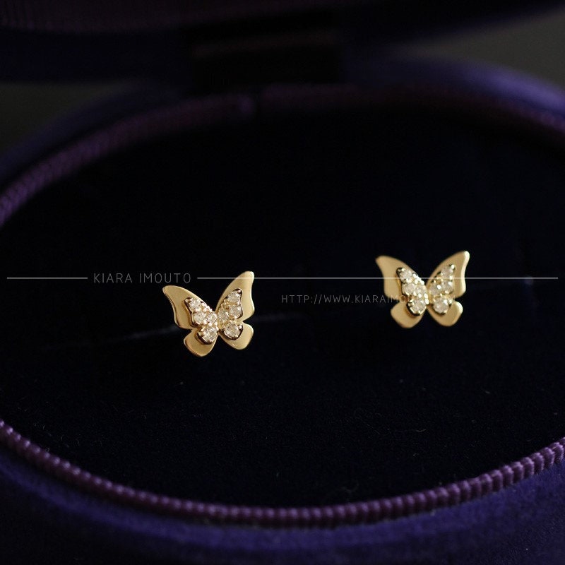 9K Real Gold Earrings, Double Butterfly Big Earrings, 3D Butterfly Stud Earrings, Cute Gold Butterfly Jewelry, Nickel Free Earrings For Girl