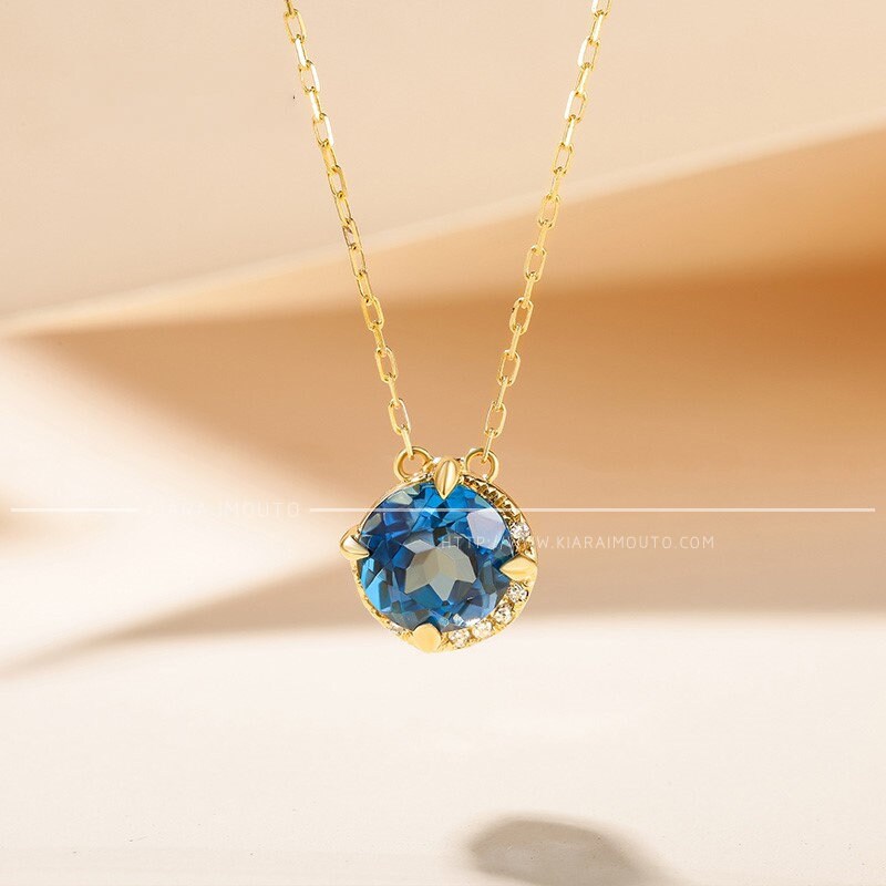 London Blue Topaz Sun And Moon Diamonds Pendant Necklace, Blue Topaz Pendant, December Birthstone Necklace, Genuine Diamonds, 9 Karat Gold