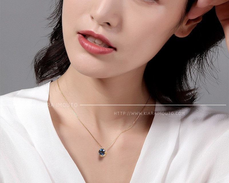 London Blue Topaz Sun And Moon Diamonds Pendant Necklace, Blue Topaz Pendant, December Birthstone Necklace, Genuine Diamonds, 9 Karat Gold