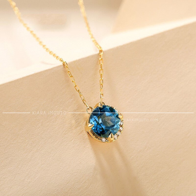 London Blue Topaz Sun And Moon Diamonds Pendant Necklace, Blue Topaz Pendant, December Birthstone Necklace, Genuine Diamonds, 9 Karat Gold