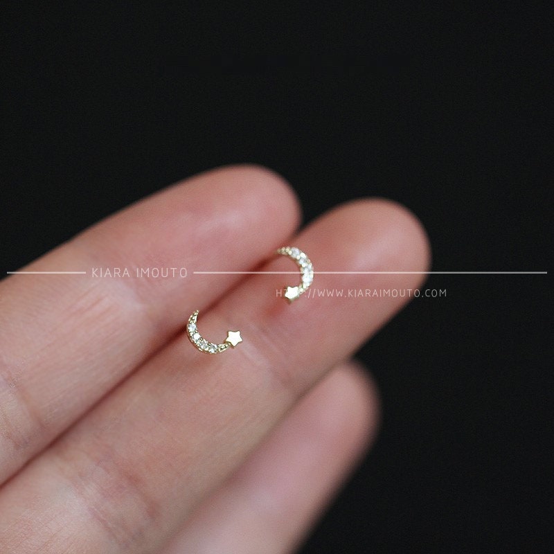 Sailor Moon Gold Earrings, Shooting Star Gold Ear Studs, 9k Gold Studs for Women, Diamond Studs, Diamond Earrings, Moon and Star Studs