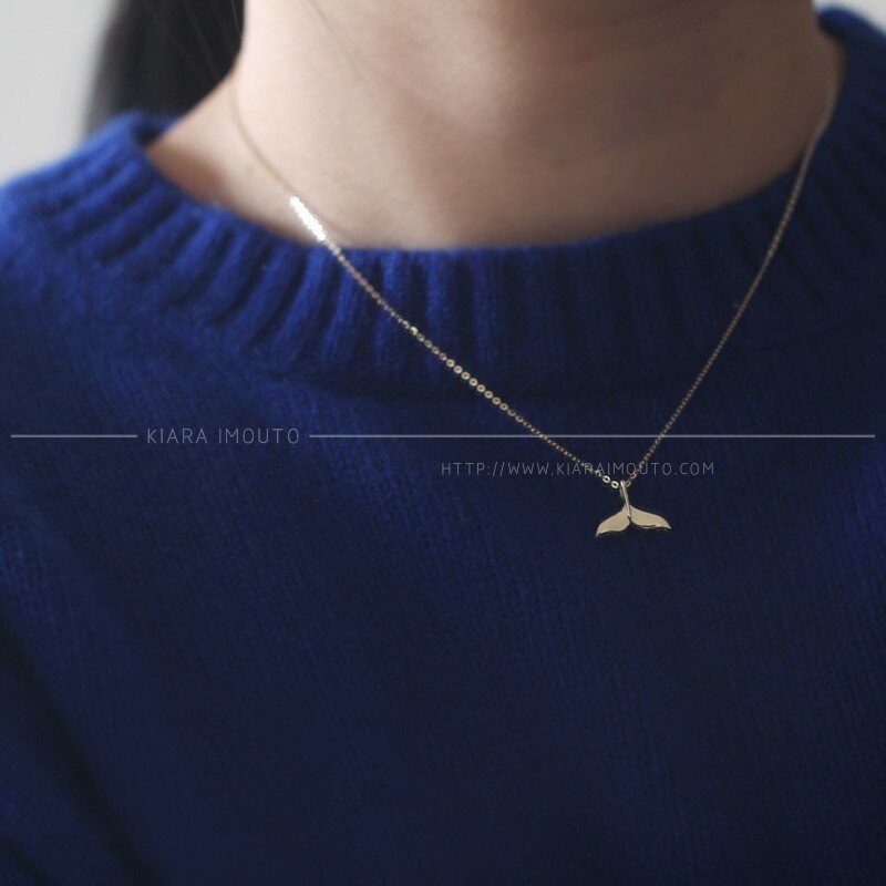 Cz Diamond Little Whale Tail Pendant Necklace, 9k Gold Mermaid Tail Pendant, Double Sided Pendant, Whale Tail Pendant, Whale Tail Necklace