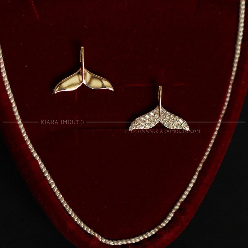 Cz Diamond Little Whale Tail Pendant Necklace, 9k Gold Mermaid Tail Pendant, Double Sided Pendant, Whale Tail Pendant, Whale Tail Necklace