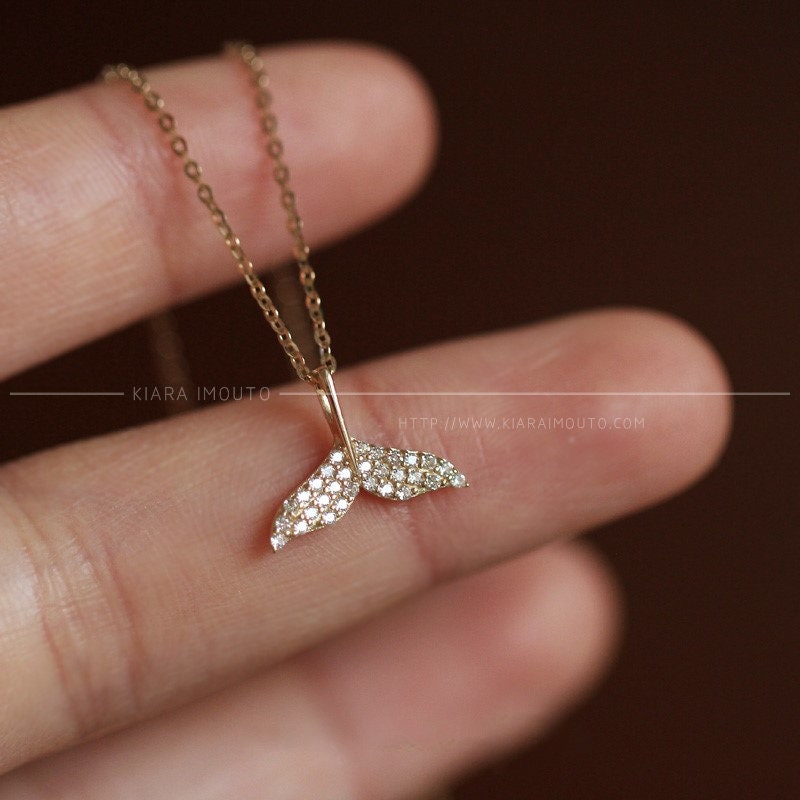Cz Diamond Little Whale Tail Pendant Necklace, 9k Gold Mermaid Tail Pendant, Double Sided Pendant, Whale Tail Pendant, Whale Tail Necklace