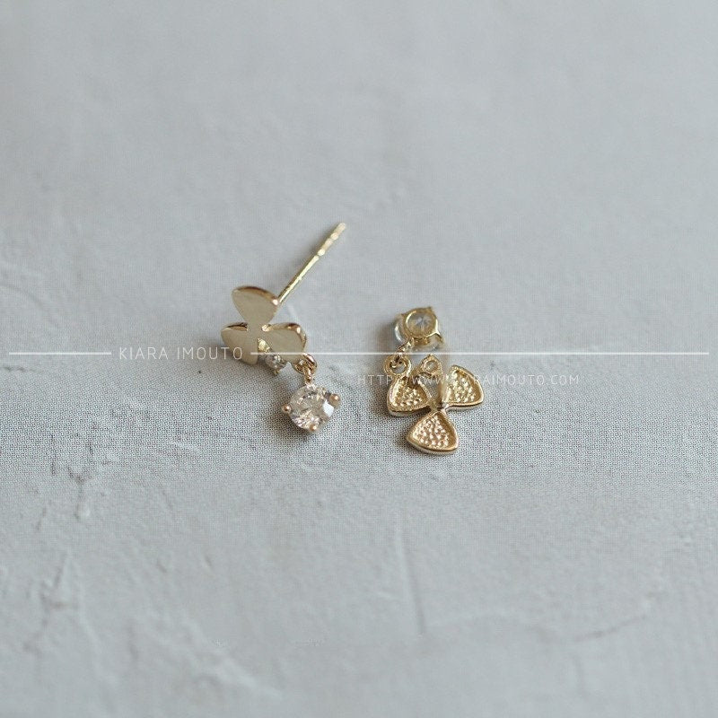 Real 9K Gold Trefoil Zircon Short Dangle Earrings, Three-lobed Leaves Earrings, Gold Leaf Earrings, Cz Earrings, Hypoallergenic Earrings
