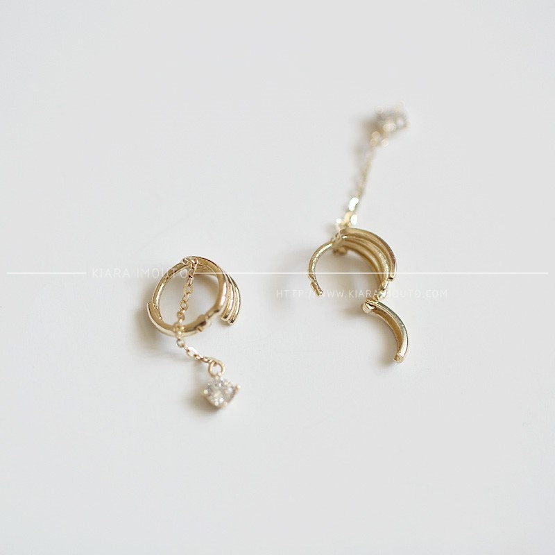 9K Solid Gold Huggies Chain Drop Earrings, Hoop Cuff Earrings With Chain, Gold Chain Earrings, Gold Hoop Chain Dangle Earrings