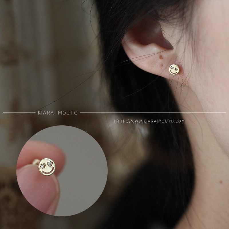 Smiley Face Earrings, Gold Smile Earrings, Love Eyes Smile Earrings, 9K Gold Screw Back Earrings, Emoji Faces Earrings, Text Emoji Earrings
