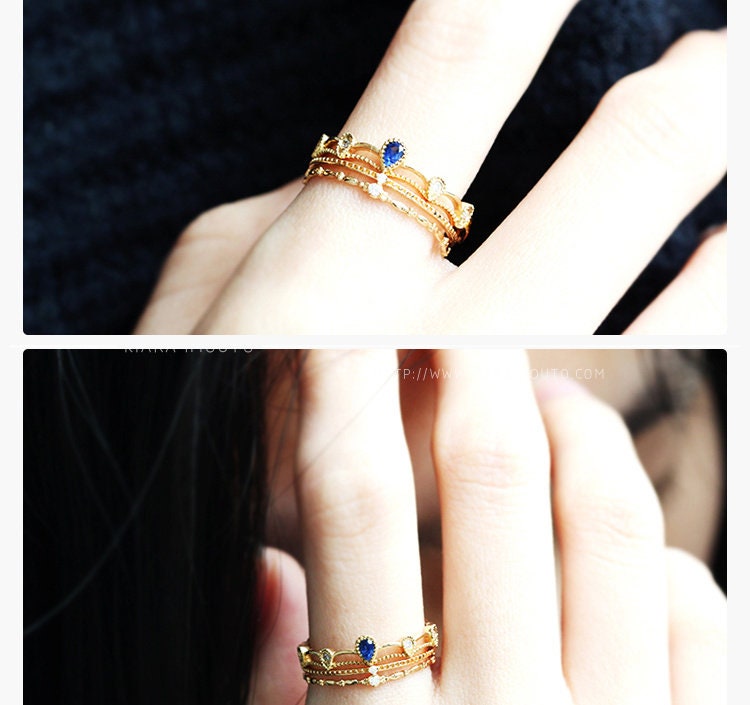 18k Gold Pear Shaped Blue Sapphire Stacking Ring, Sapphire Diamond Stacked Wedding Rings, Sapphire Stackable Wedding Bands