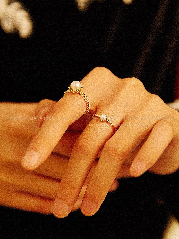 14K Solid Gold Vintage Pearl Ring, Freshwater Pearl Engagement Rings, Victorian Lace Pearl Wedding Rings, Natural Pearl Diamond Ring