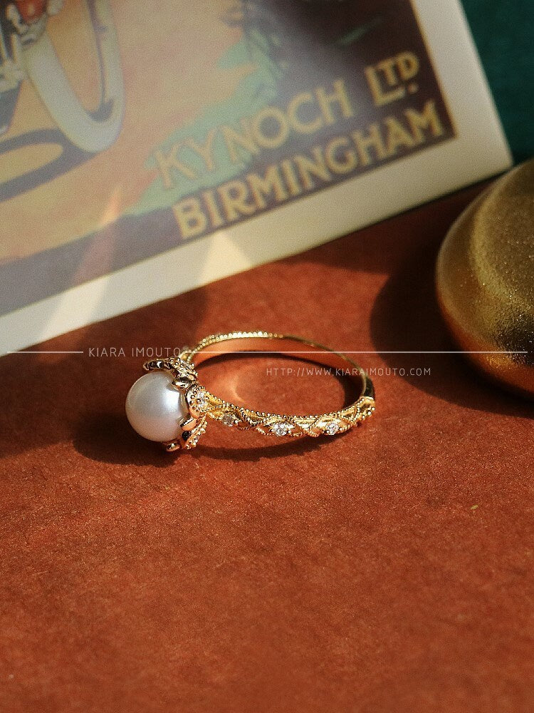 14K Solid Gold Vintage Pearl Ring, Freshwater Pearl Engagement Rings, Victorian Lace Pearl Wedding Rings, Natural Pearl Diamond Ring