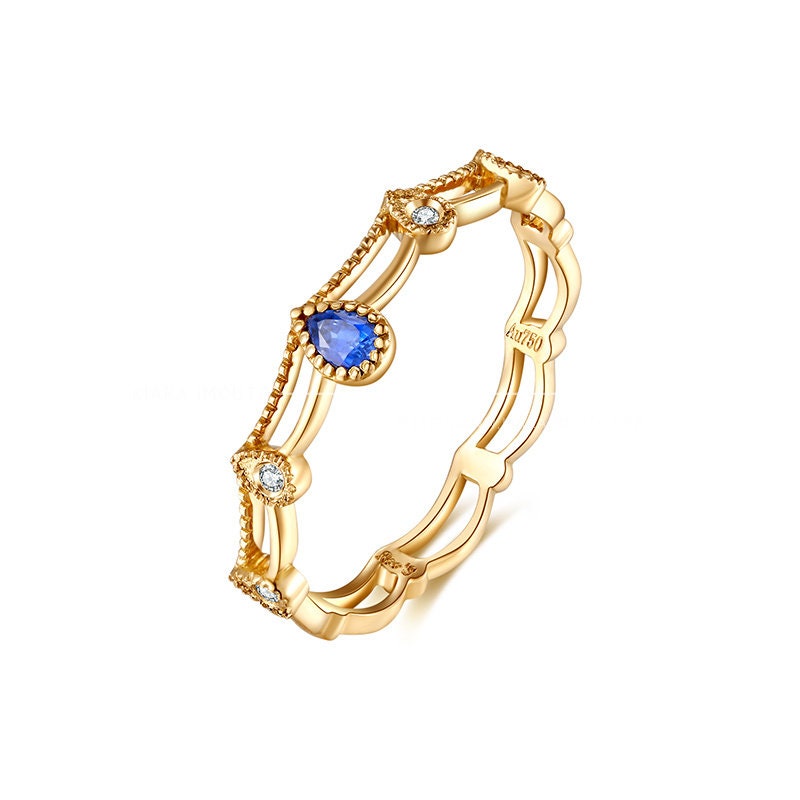 18k Gold Pear Shaped Blue Sapphire Stacking Ring, Sapphire Diamond Stacked Wedding Rings, Sapphire Stackable Wedding Bands