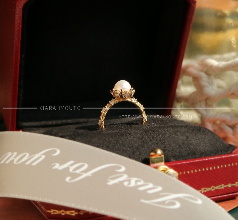 14K Solid Gold Vintage Pearl Ring, Freshwater Pearl Engagement Rings, Victorian Lace Pearl Wedding Rings, Natural Pearl Diamond Ring