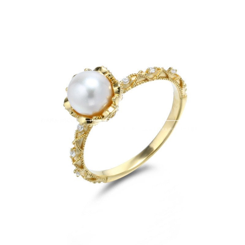 14K Solid Gold Vintage Pearl Ring, Freshwater Pearl Engagement Rings, Victorian Lace Pearl Wedding Rings, Natural Pearl Diamond Ring