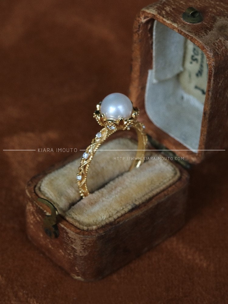 14K Solid Gold Vintage Pearl Ring, Freshwater Pearl Engagement Rings, Victorian Lace Pearl Wedding Rings, Natural Pearl Diamond Ring