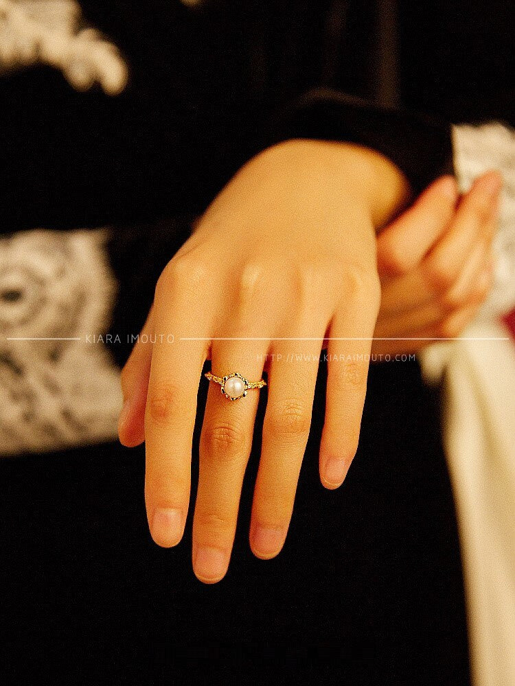 14K Solid Gold Vintage Pearl Ring, Freshwater Pearl Engagement Rings, Victorian Lace Pearl Wedding Rings, Natural Pearl Diamond Ring