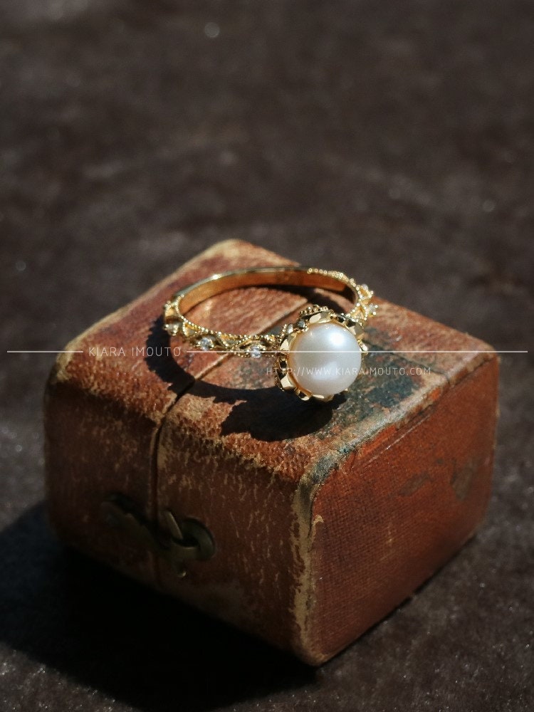14K Solid Gold Vintage Pearl Ring, Freshwater Pearl Engagement Rings, Victorian Lace Pearl Wedding Rings, Natural Pearl Diamond Ring