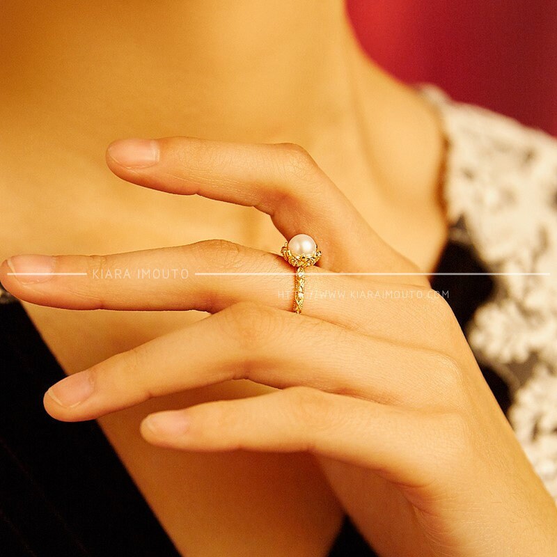 14K Solid Gold Vintage Pearl Ring, Freshwater Pearl Engagement Rings, Victorian Lace Pearl Wedding Rings, Natural Pearl Diamond Ring